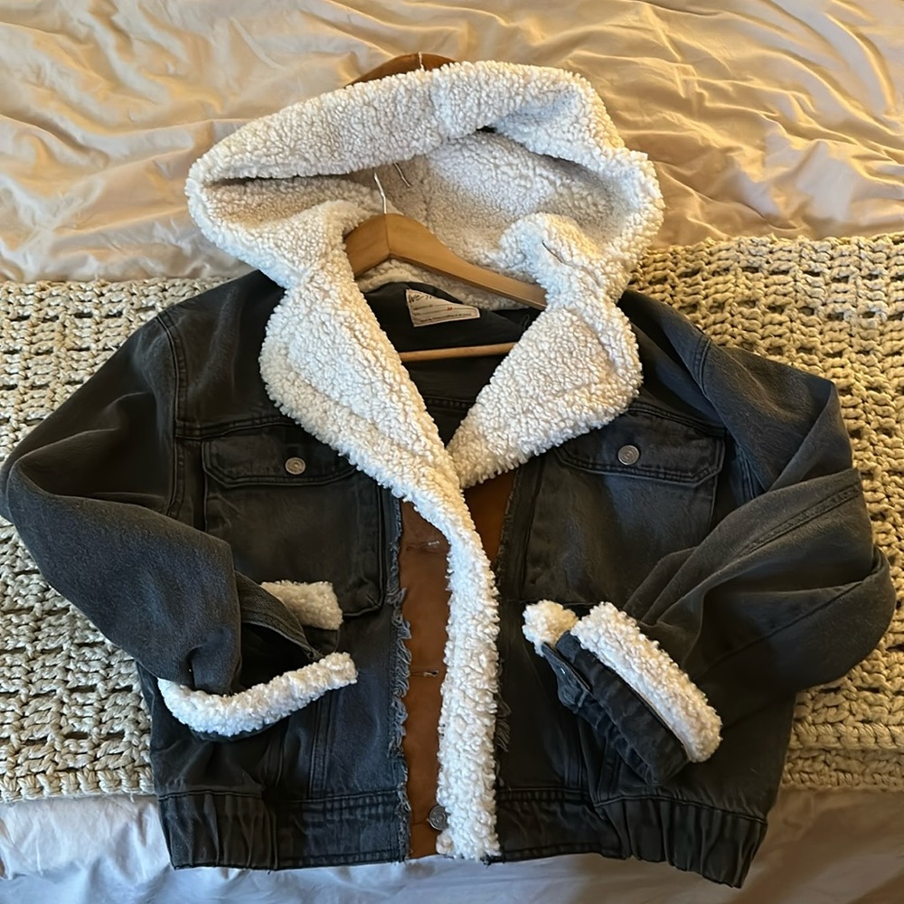 Free People denim shearling jacket with hood. NBW